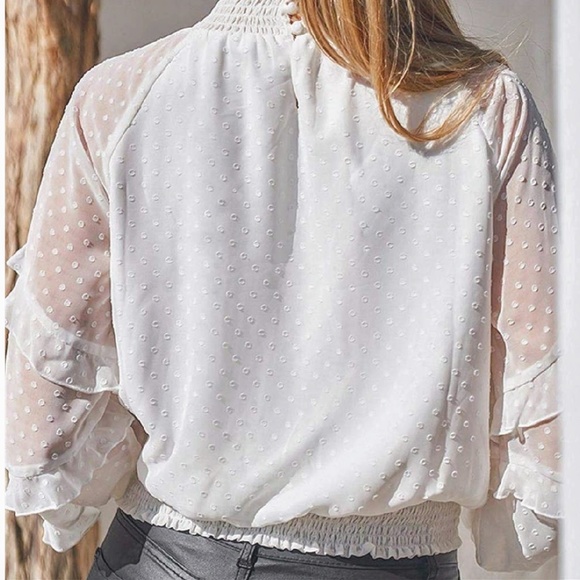 New Ruffled Sheer Sleeve Mock turtleneck Blouse - Picture 2 of 7